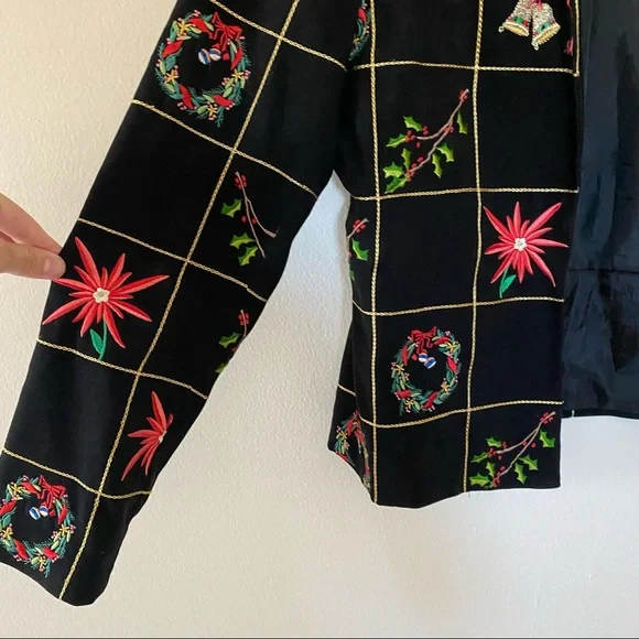 Vintage Christmas Holiday Embroidered Black Open Jacket - Picture 3 of 5